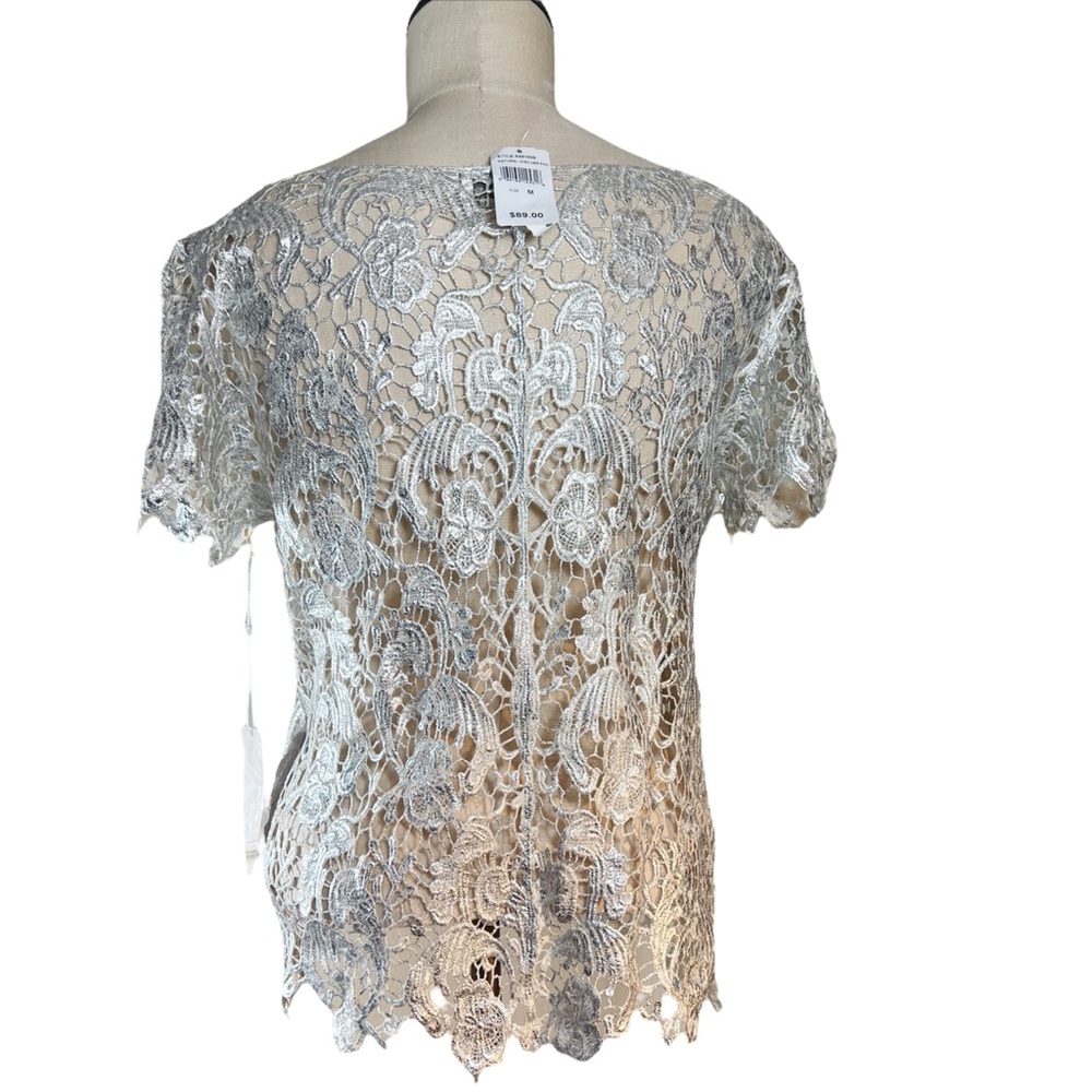 RD Style Silver Cotton Floral Lace Top Size M NWT Holiday Cocktail Party Easter - Picture 3 of 6
